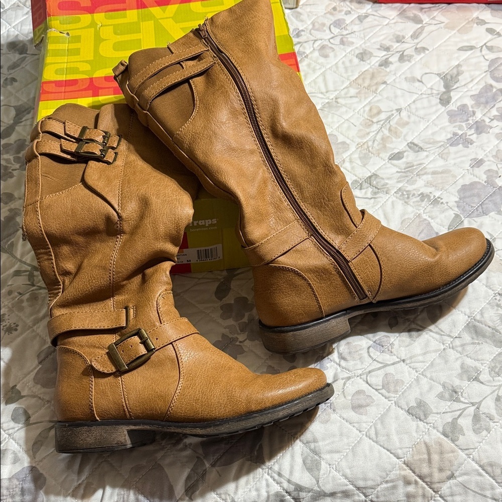 BareTraps Brown Heeled Boots with Buckle Detail